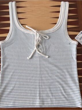 American Eagle Outfitters Blue & White Striped Lace-Up Tank